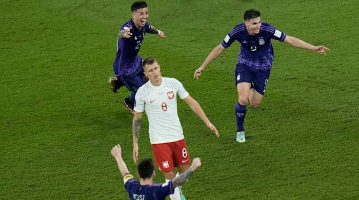Argentina celebrates a goal at the World Cup vs. Poland.